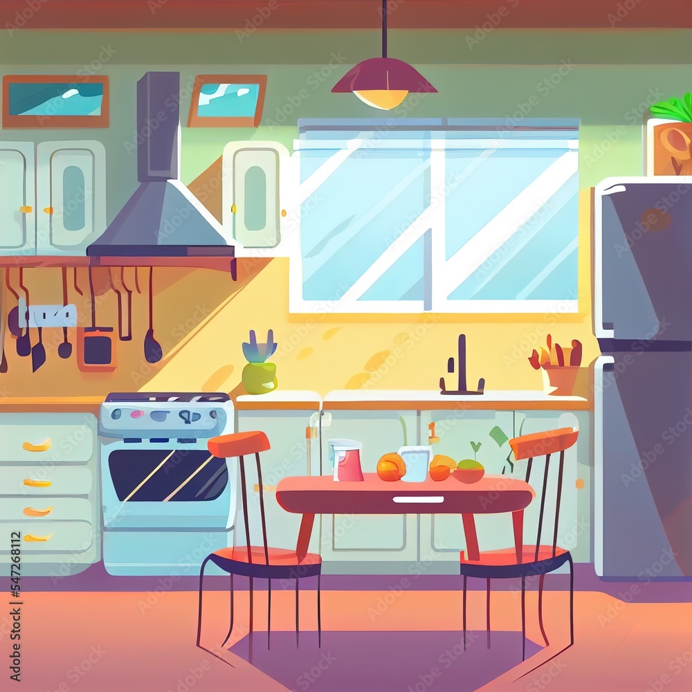 带餐桌和家用电器的舒适现代厨房的二维卡通插图