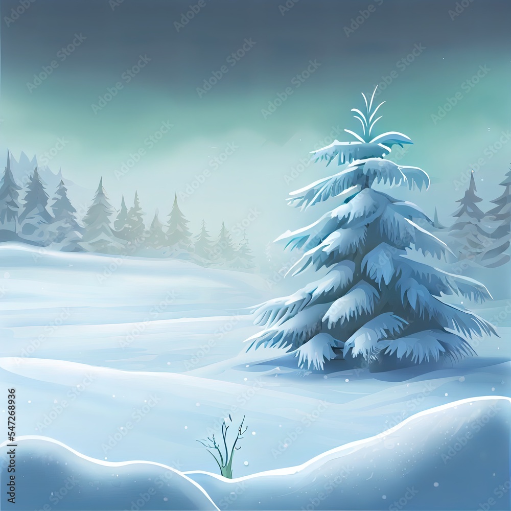 冬季背景，雪堆和霜冻中的圣诞树