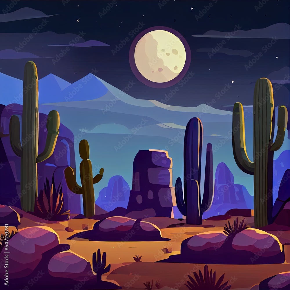夜晚的沙漠景观，墨西哥的自然背景，仙人掌、岩石和干燥的荒地