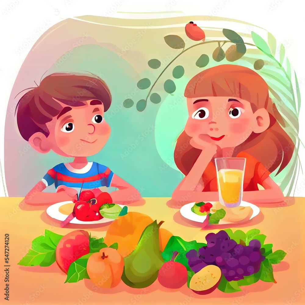 男孩和女孩吃健康的有机、素食、纯素食品。孩子们早餐吃水果和浆果