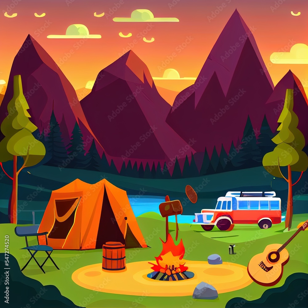 带篝火、帐篷、面包车、背包、椅子和吉他的夏令营。2d插图卡通景观wi