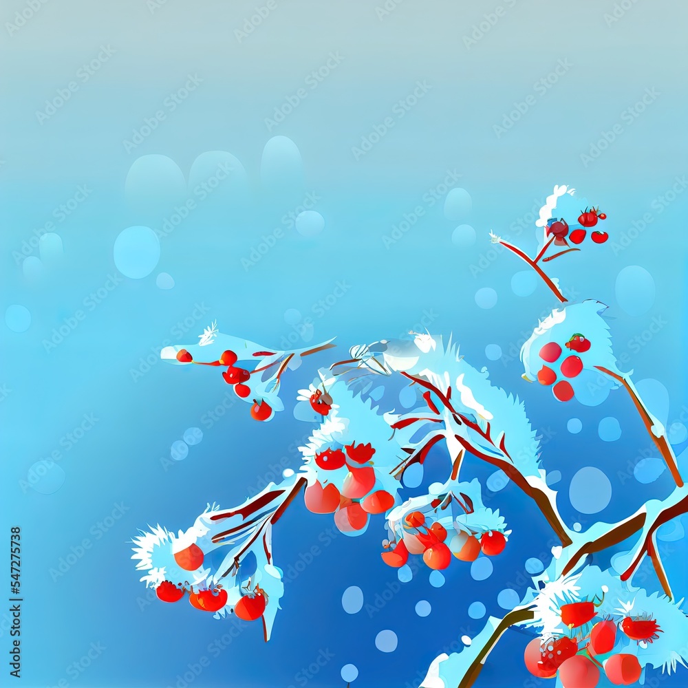 山楂浆果上覆盖着白霜。冬季花园。简单的蓝色背景和复制空间。
