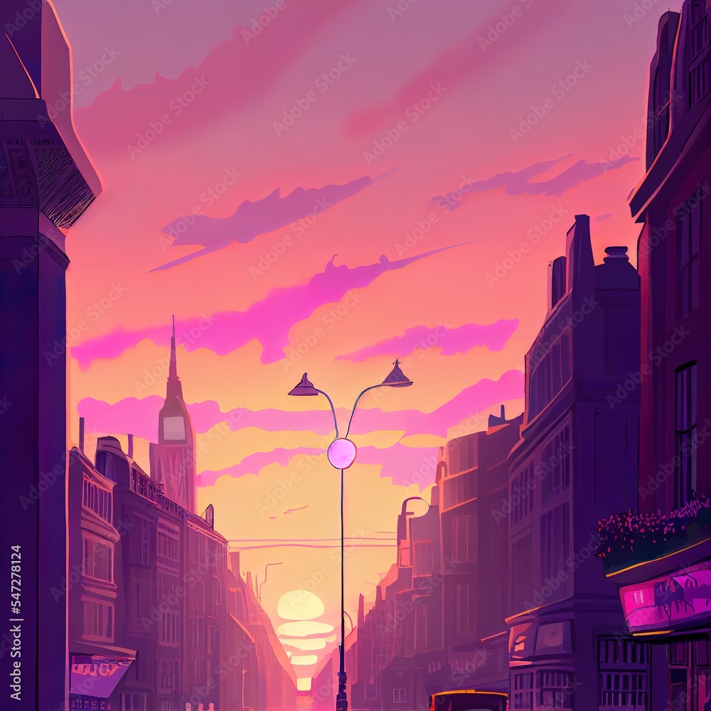 照片显示了伦敦美丽的日出，那里的天空是粉红色和紫色的。