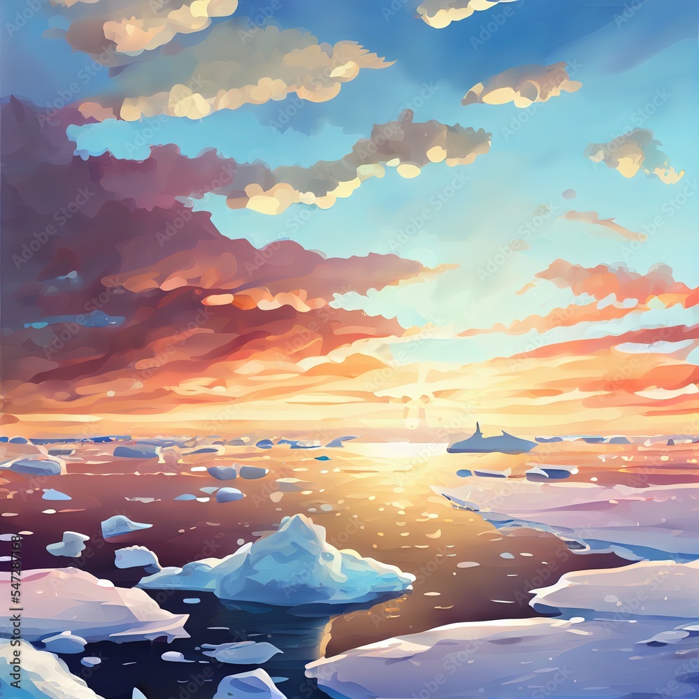 Close up of snow and ice on sea shore. Sunset sky. Scenic landscape of winter nature.