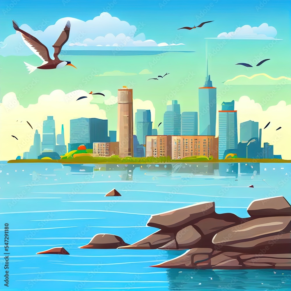 水中有石头的湖泊或河流，天际线上有城市建筑。2d插图卡通插图