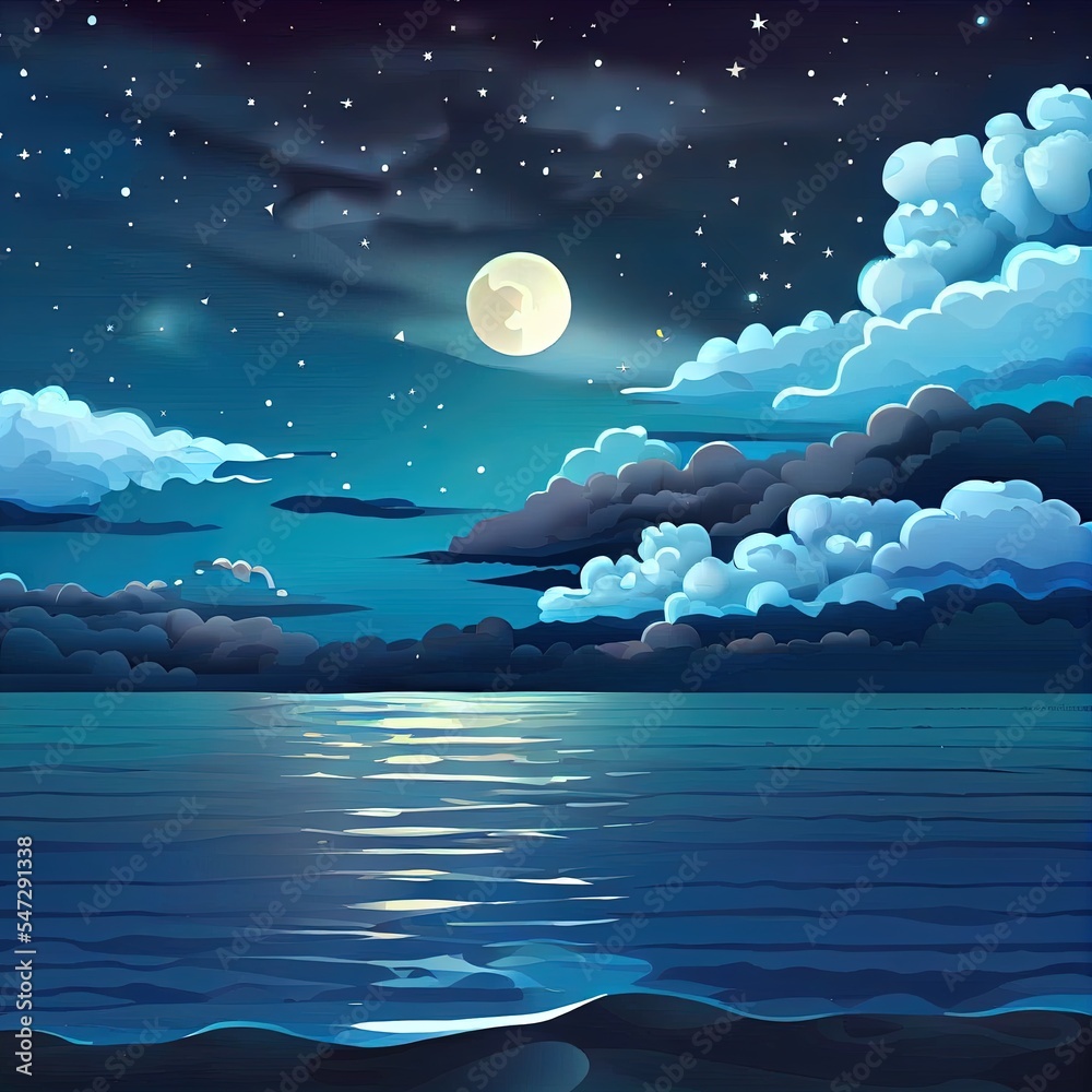 黑暗的天空中有月亮、星星和云朵的夜海景观。2d插图卡通插图