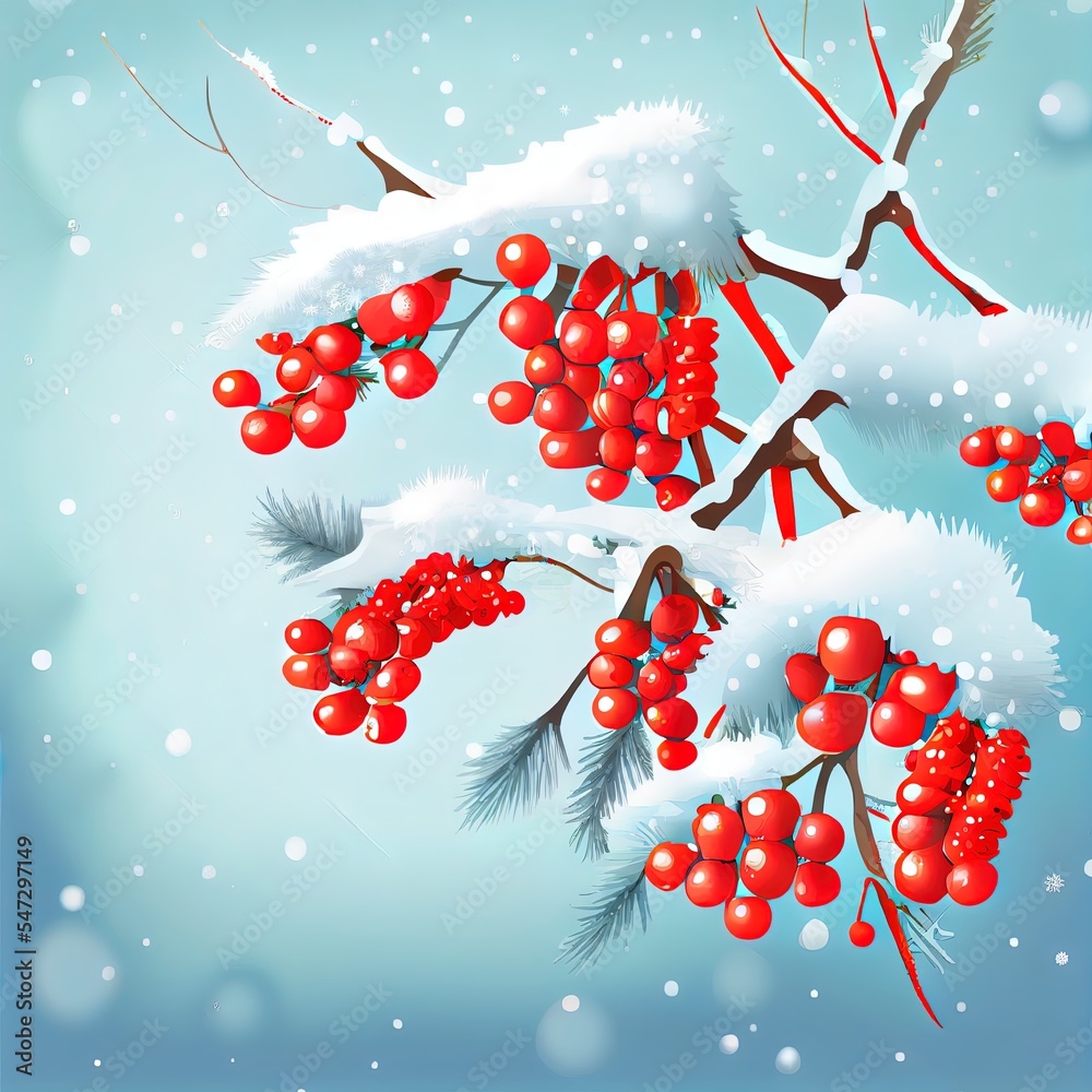冬季自然背景。霜冻中有红色浆果的树枝。圣诞节或新年概念。季节