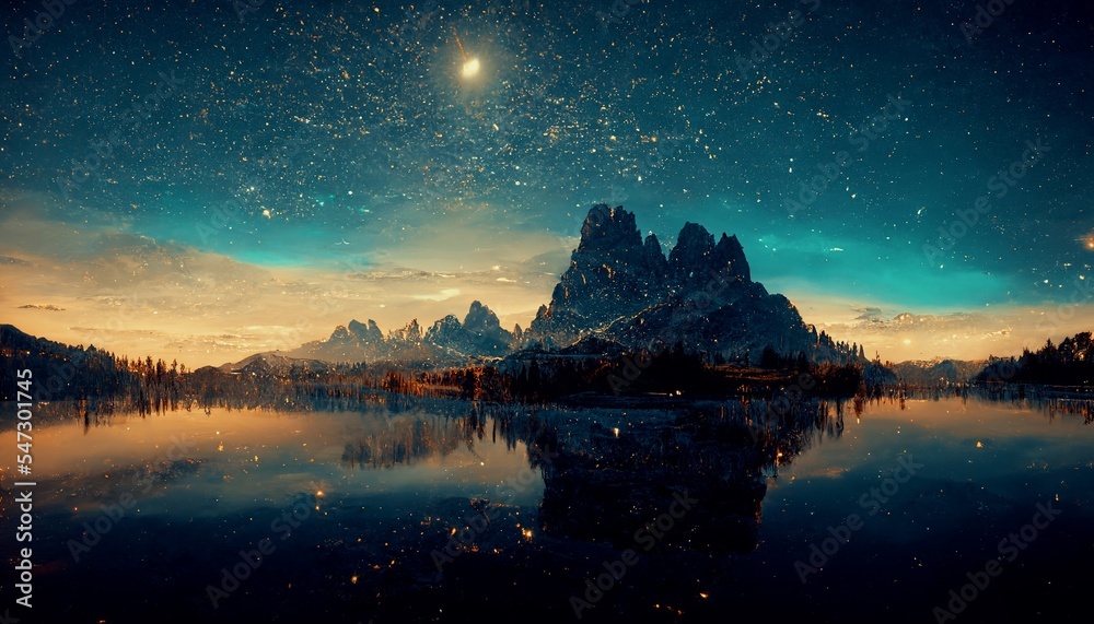 星光闪烁的夜晚，美丽的山和湖的壮观自然背景，