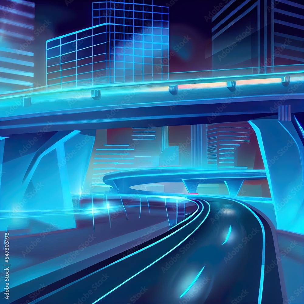 蓝色霓虹灯高速公路立交桥，城市天际线背景，夜景模糊。