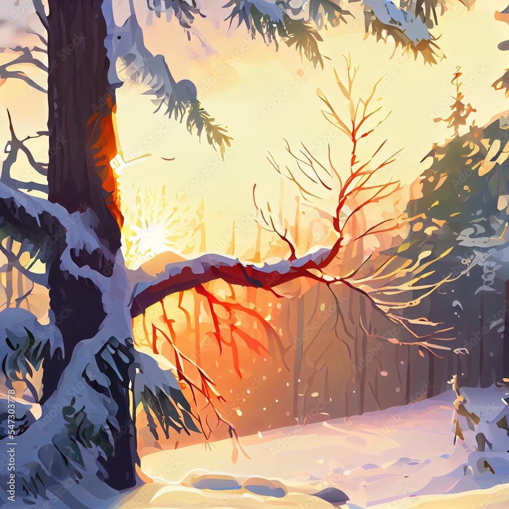 日落时，森林中一棵被雪覆盖的树枝。雪中的冬季自然
