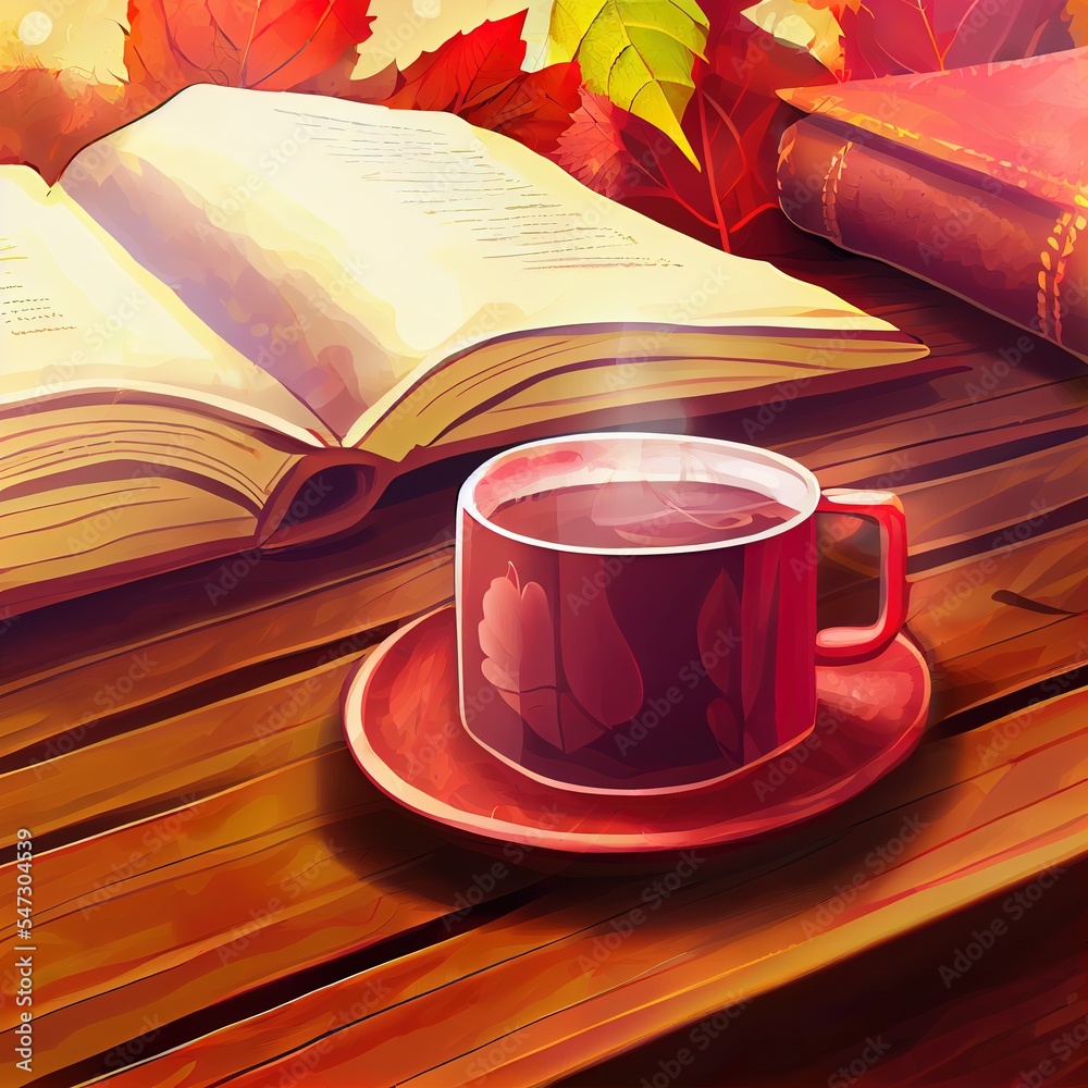 热咖啡和红书，木底秋叶，季节性放松概念，动漫风格
