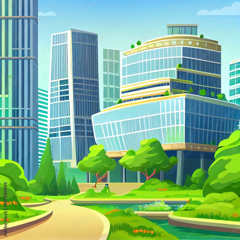 现代商业建筑和城市绿化景观带。