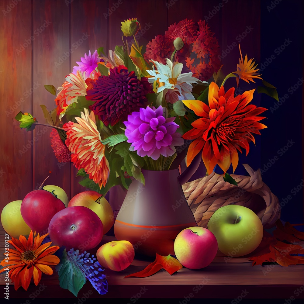 秋天的静物与花园的花朵美丽的秋天的花束在花瓶里，苹果和浆果在木头上