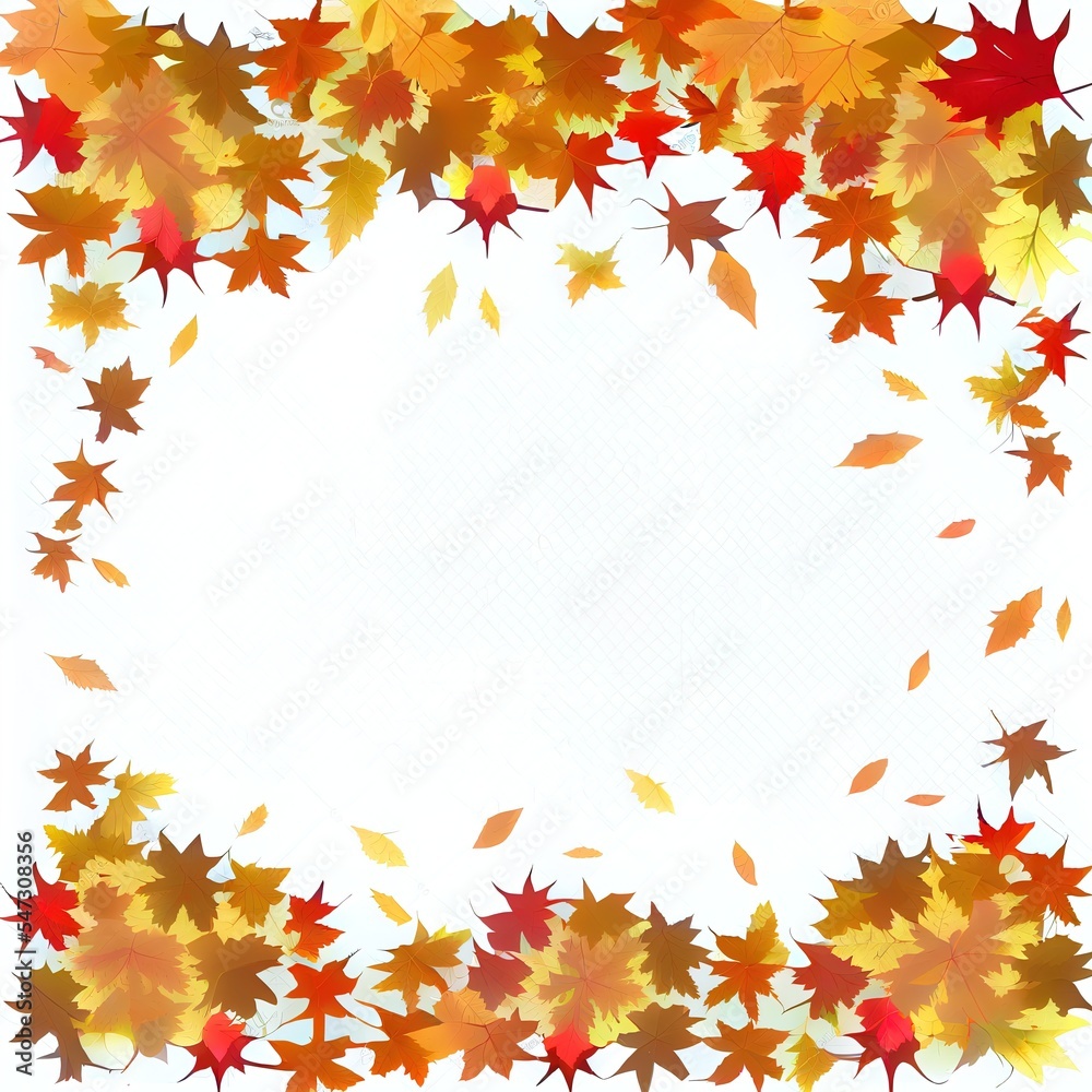 彩色秋叶的边框，孤立地落在白色背景上，动漫风格