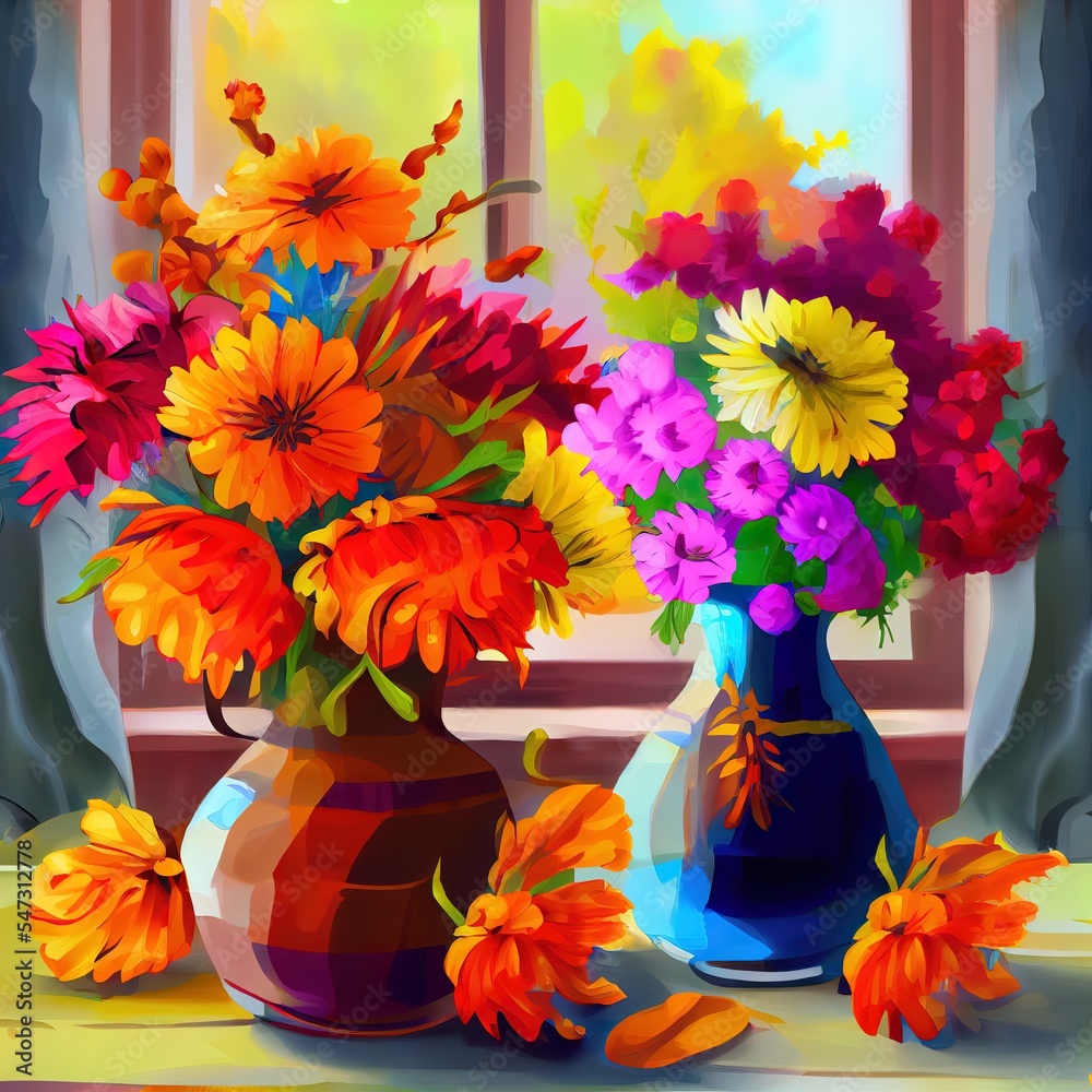 秋天的静物，桌上五彩花瓶里的花束秋天的花卉装饰f