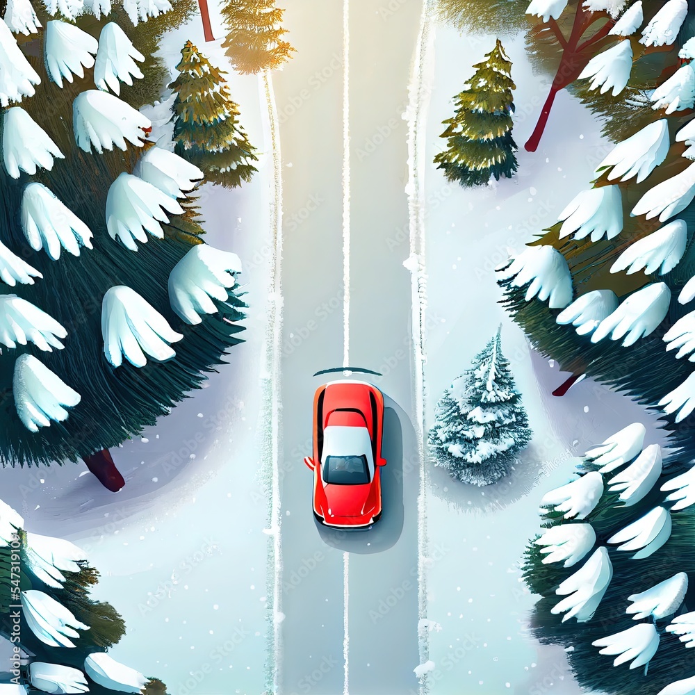 乡村公路上红色汽车驶过白雪皑皑的冬季森林鸟瞰图。美丽的雪
