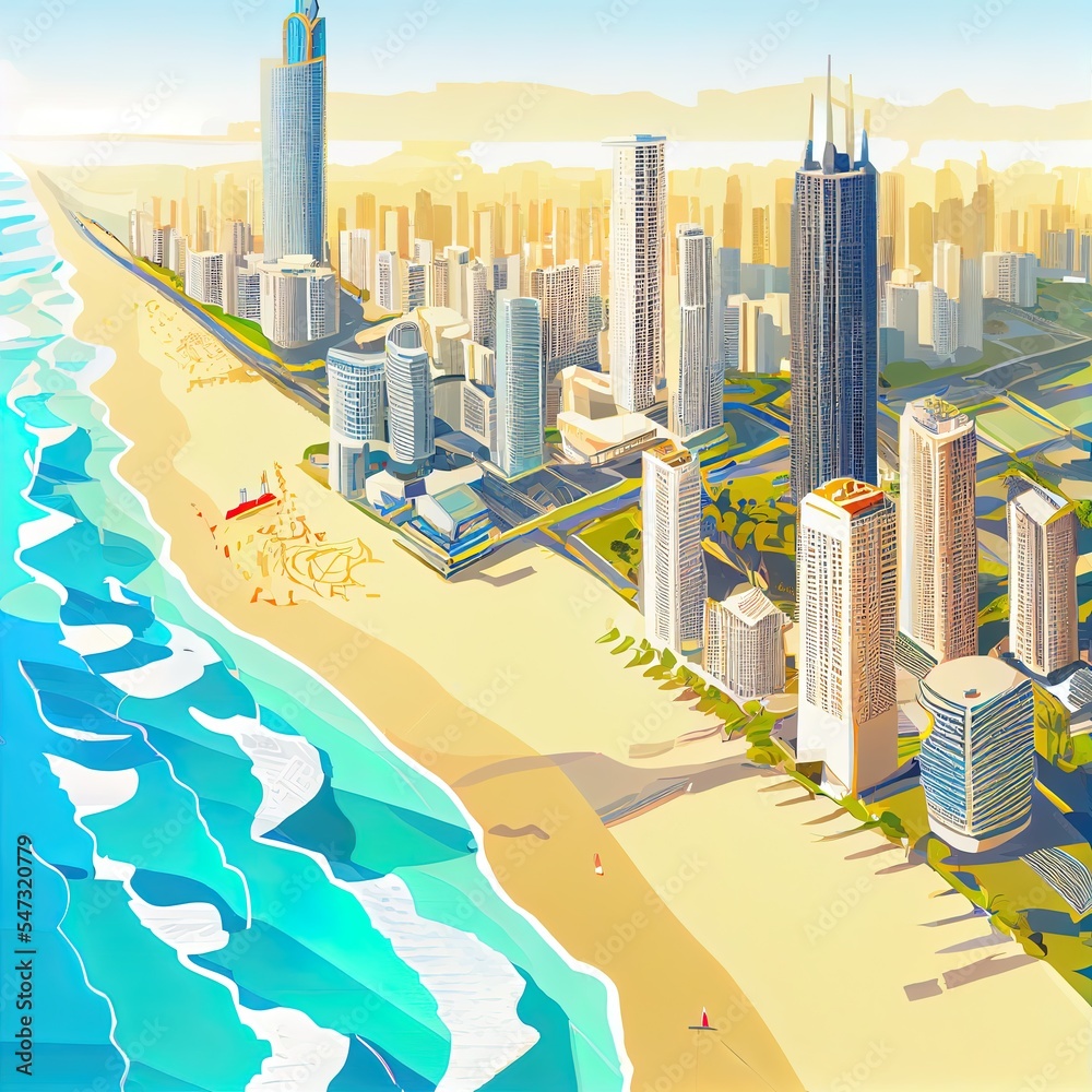 冲浪者天堂海滨黄金海岸城市景观城市塔楼俯瞰澳大利亚宽阔的沙滩