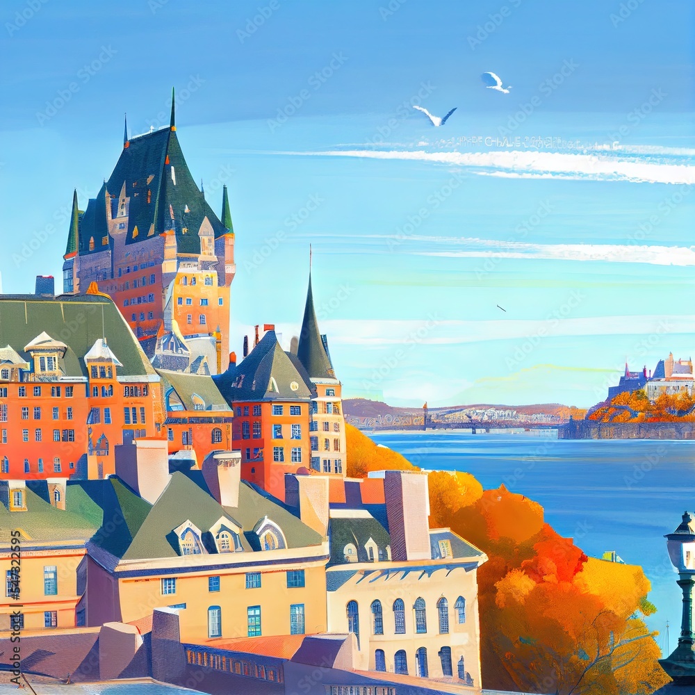 老魁北克城的天际线景观，与标志性的弗龙特纳克城堡和达芬露台对抗圣罗埃尔