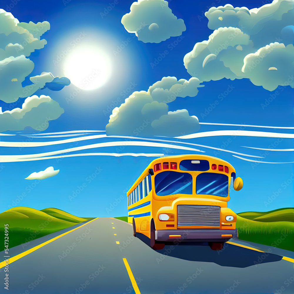 校车3D艺术风格在道路上行驶，美丽的天空背景2d插图