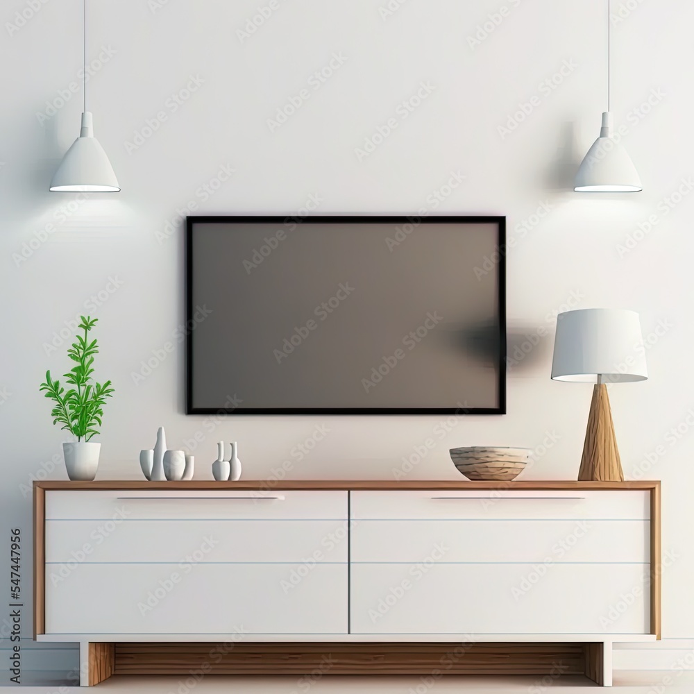 现代客厅橱柜上的电视，白墙背景，3d渲染