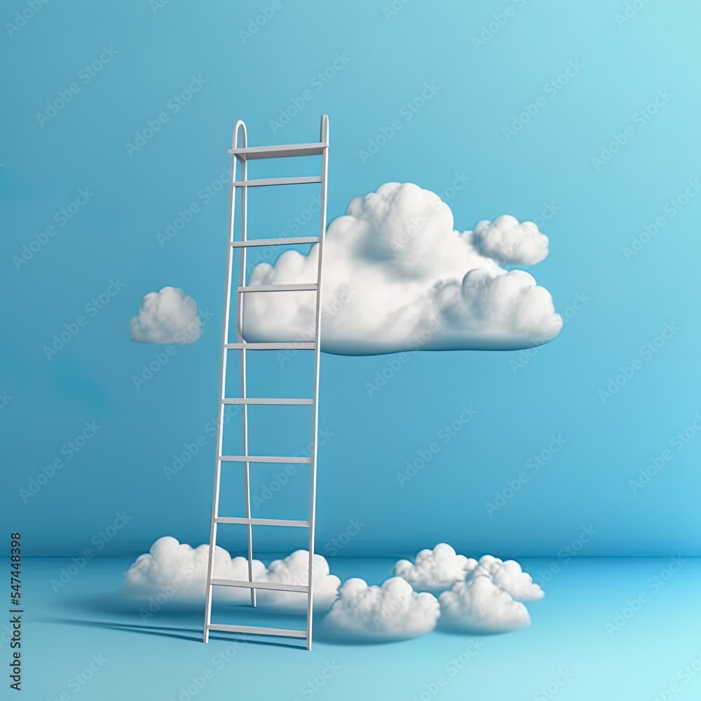 三维渲染，抽象概念，蓝色背景上隔离的梯子和白云