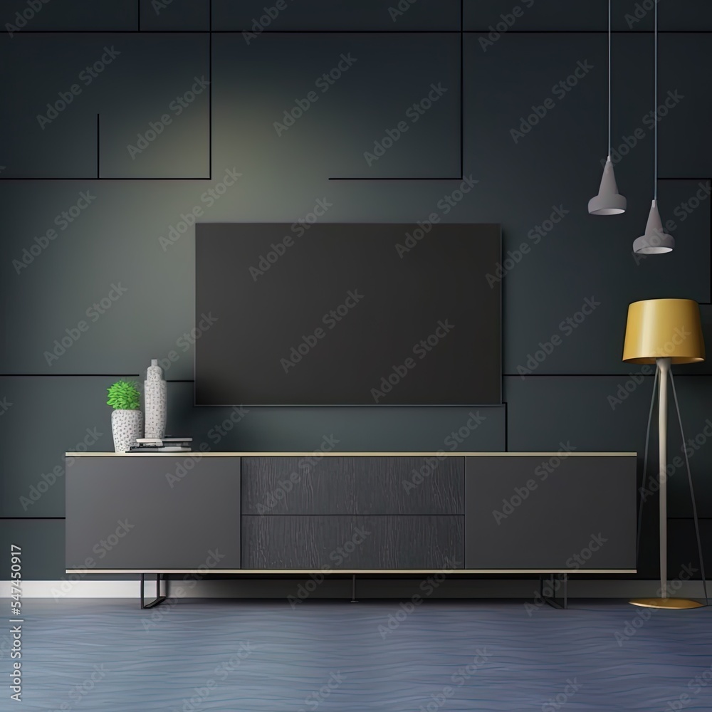 现代客厅壁挂式电视柜，暗墙背景装饰。3D效果图