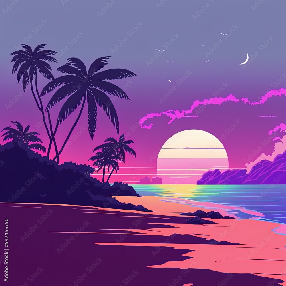 热带海滩的景色与紫罗兰色的阳光插图，图像插图