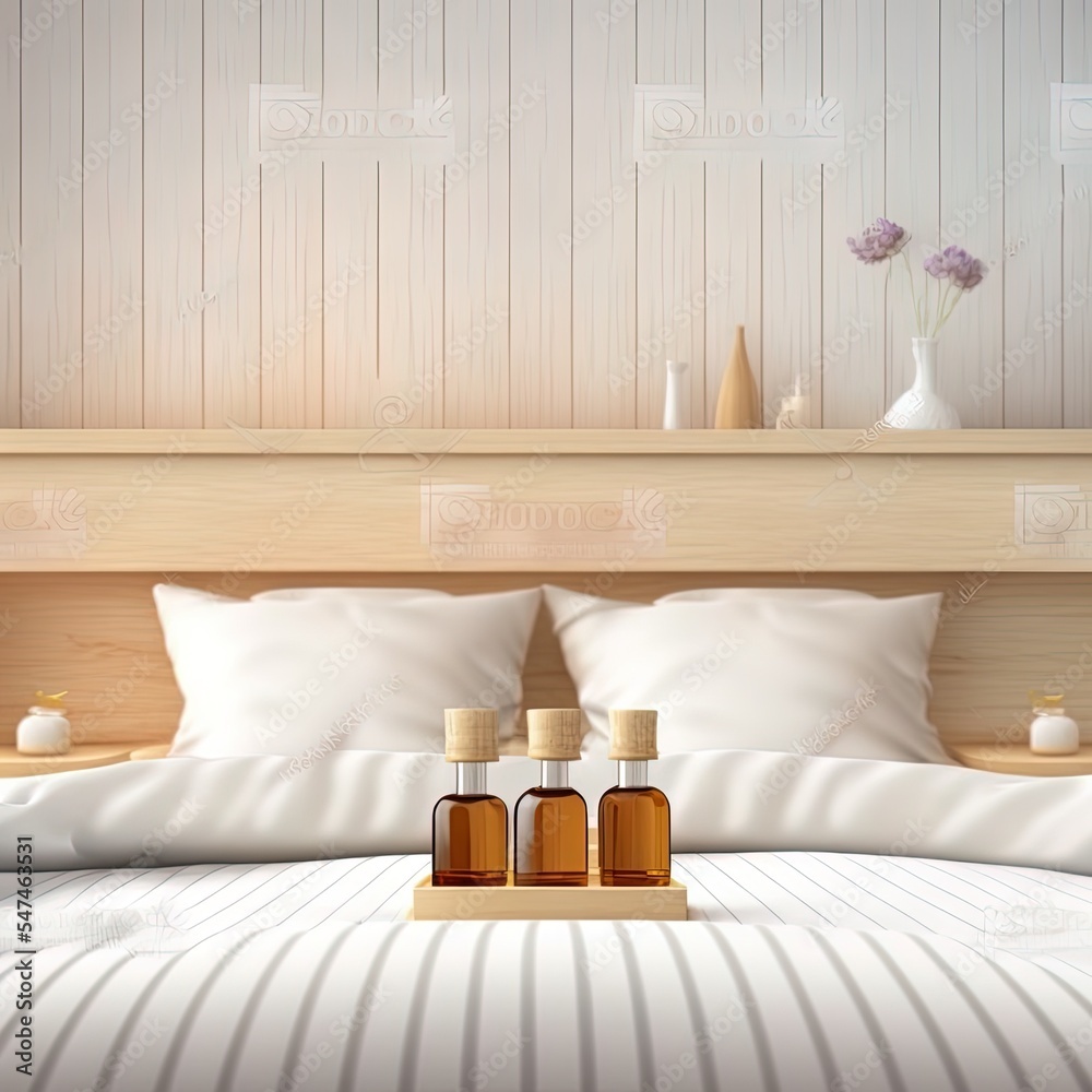 带芳香棒的木制桌面或架子，放在带双层软床的模糊卧室上方，wo