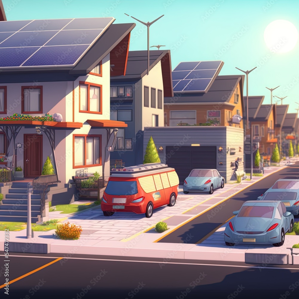 拥有现代房屋的街道。屋顶上有太阳能电池板和电动汽车的现代住宅。3d rend