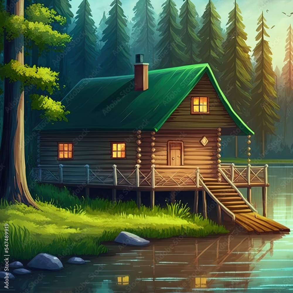 House near a lake. Calm, peaceful wooden house in nature. Beautiful digital painting, atmospheric, h