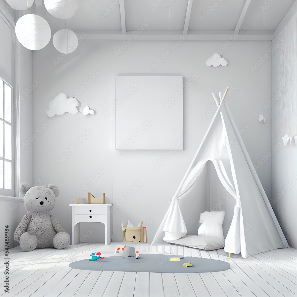 用于实体模型、3D渲染的白色儿童房内部