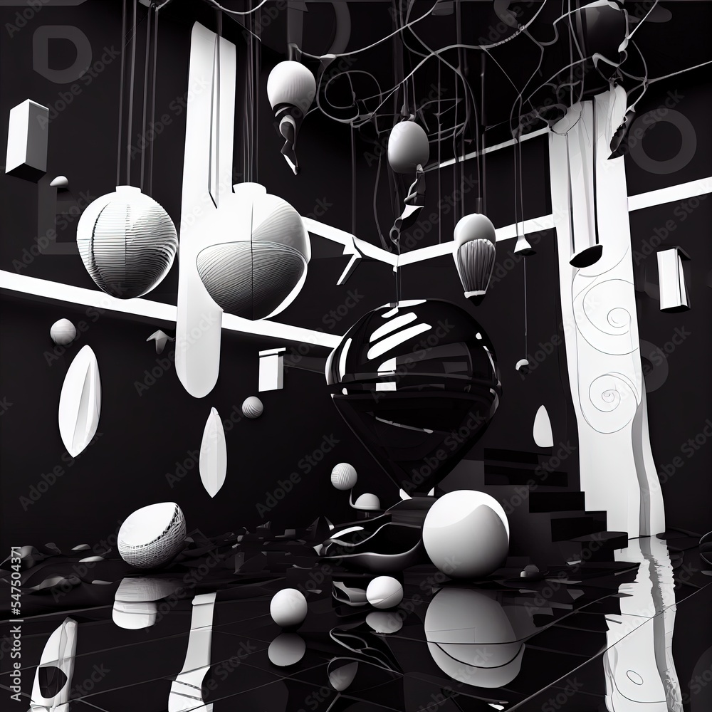 抽象动态黑色内饰，白色烟雾物体。3D插图和渲染