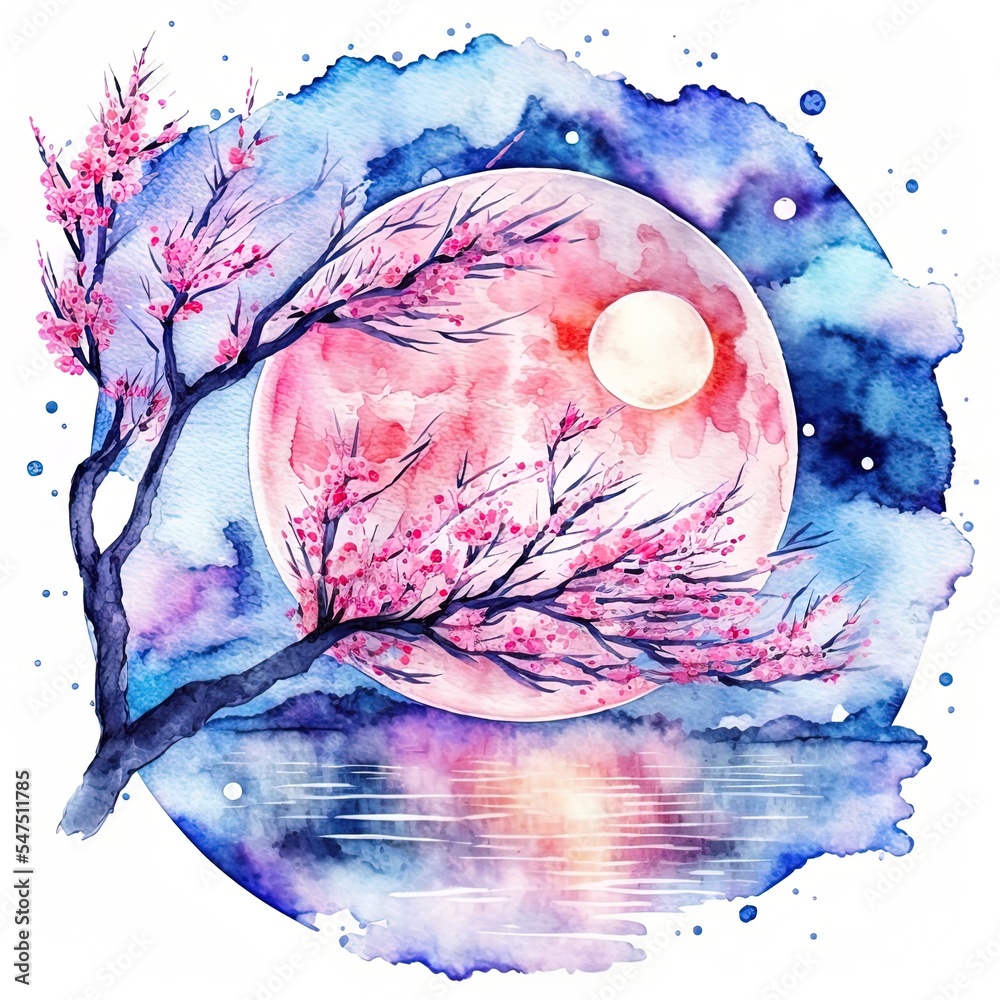 樱花枝。水上满月水彩风景插图。浪漫的春色
