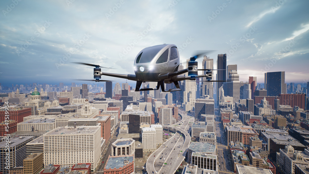 无人驾驶飞行器飞越城市，3d渲染