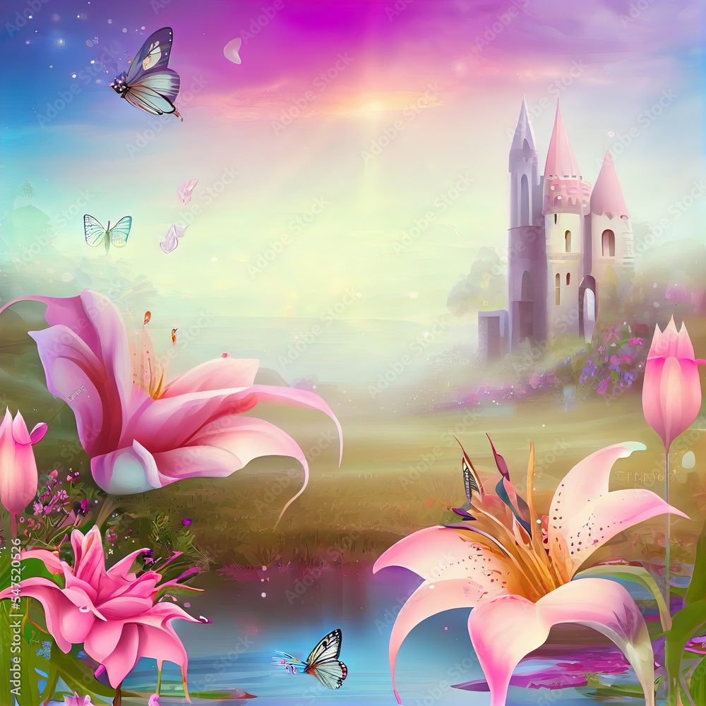 美丽的夏日美景，粉色百合花和蝴蝶飞舞。美丽的古老