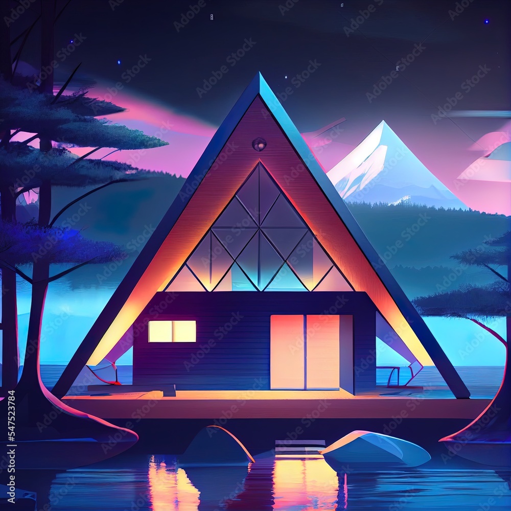 现代三角家居设计理念在湖泊森林背景夜景灯上的3d插图