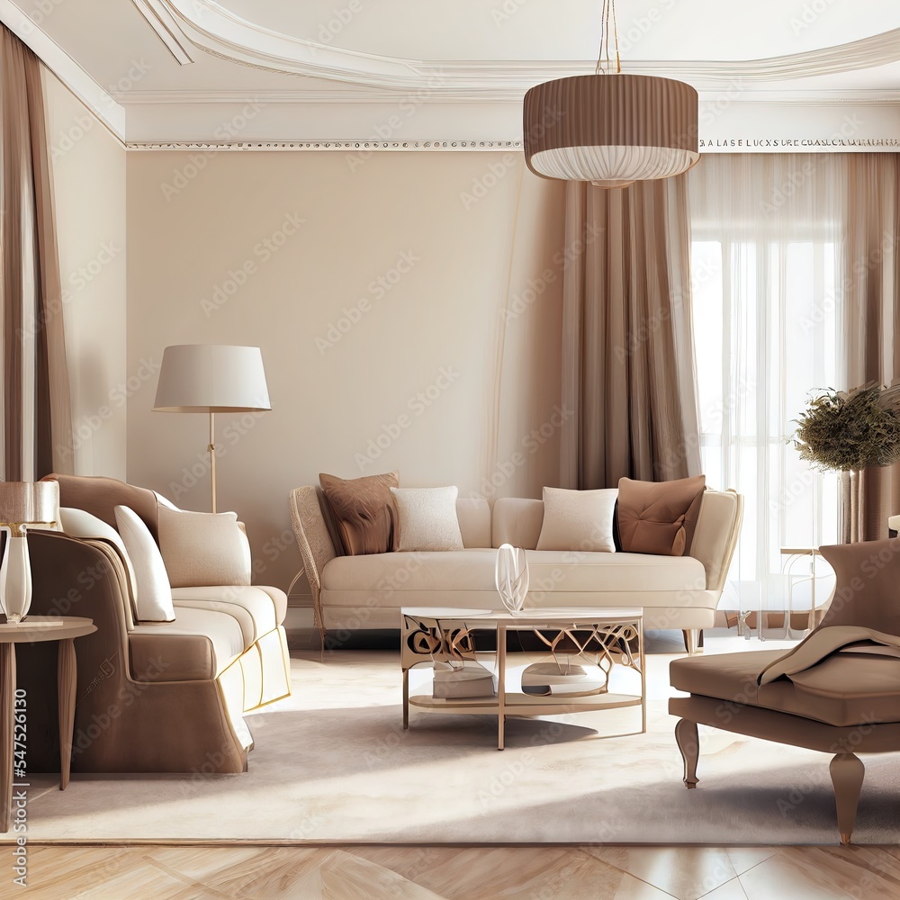 棕色米色的豪华客厅。象牙色的空墙，温暖的色调和灰褐色的休息室家具