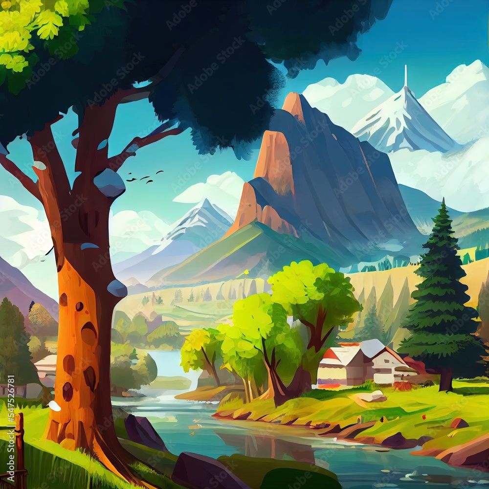 Cartoon painting of natural scenery, mountains, rivers and villages, big trees