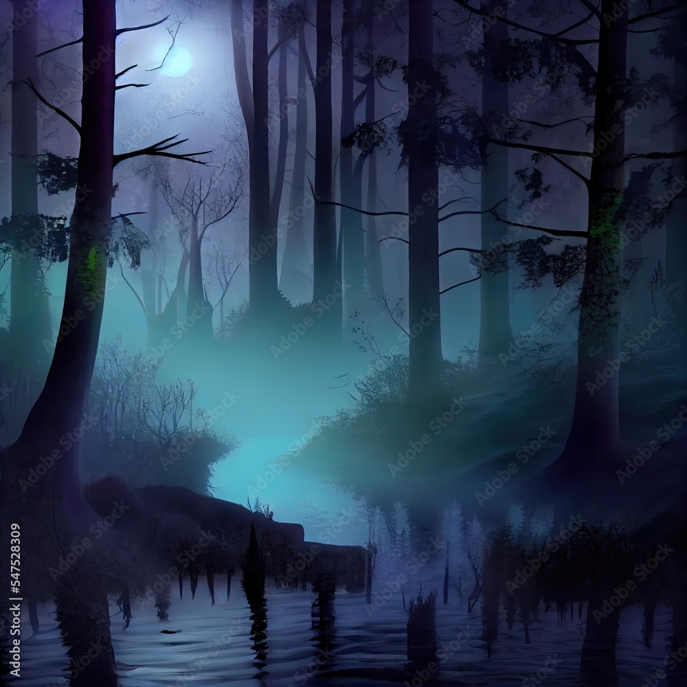 雾蒙蒙的黑暗森林。夜景，雾，雾霾。野生森林自然，森林景观，月光反射