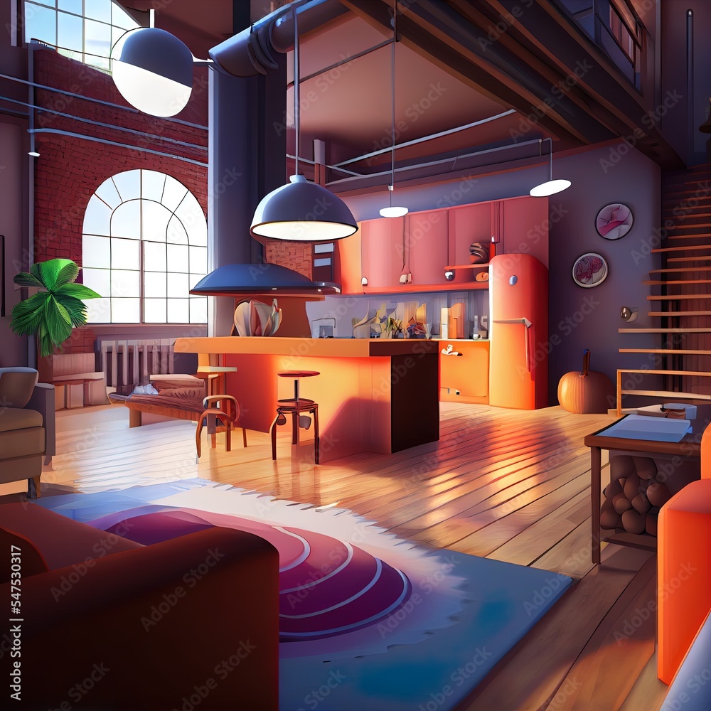 3D插图。带客厅和厨房的阁楼公寓。