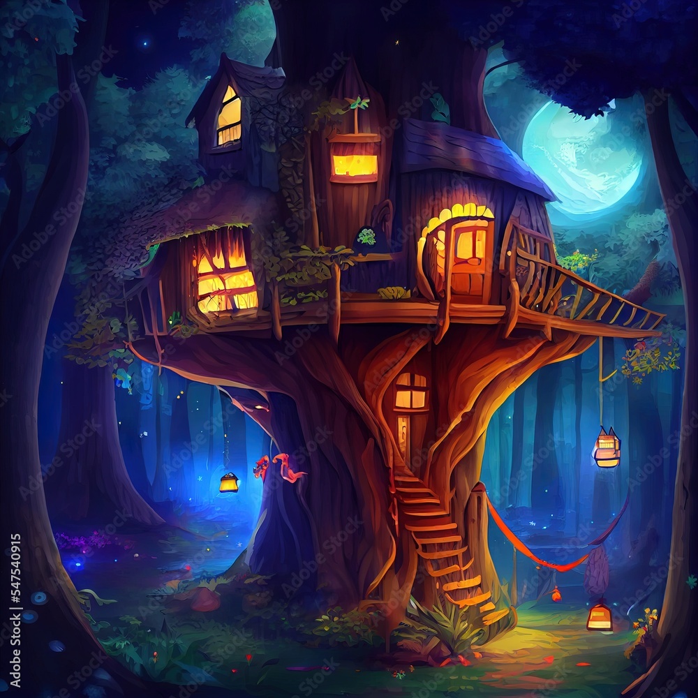 森林中树屋夜晚的魔幻奇幻童话风景