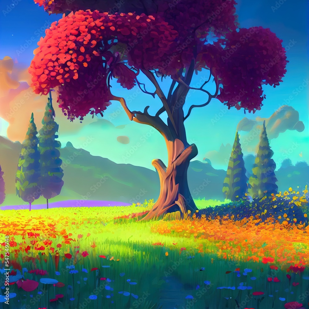 花花绿绿的田野，一棵树和一片薄雾。梦幻卡通3d景观