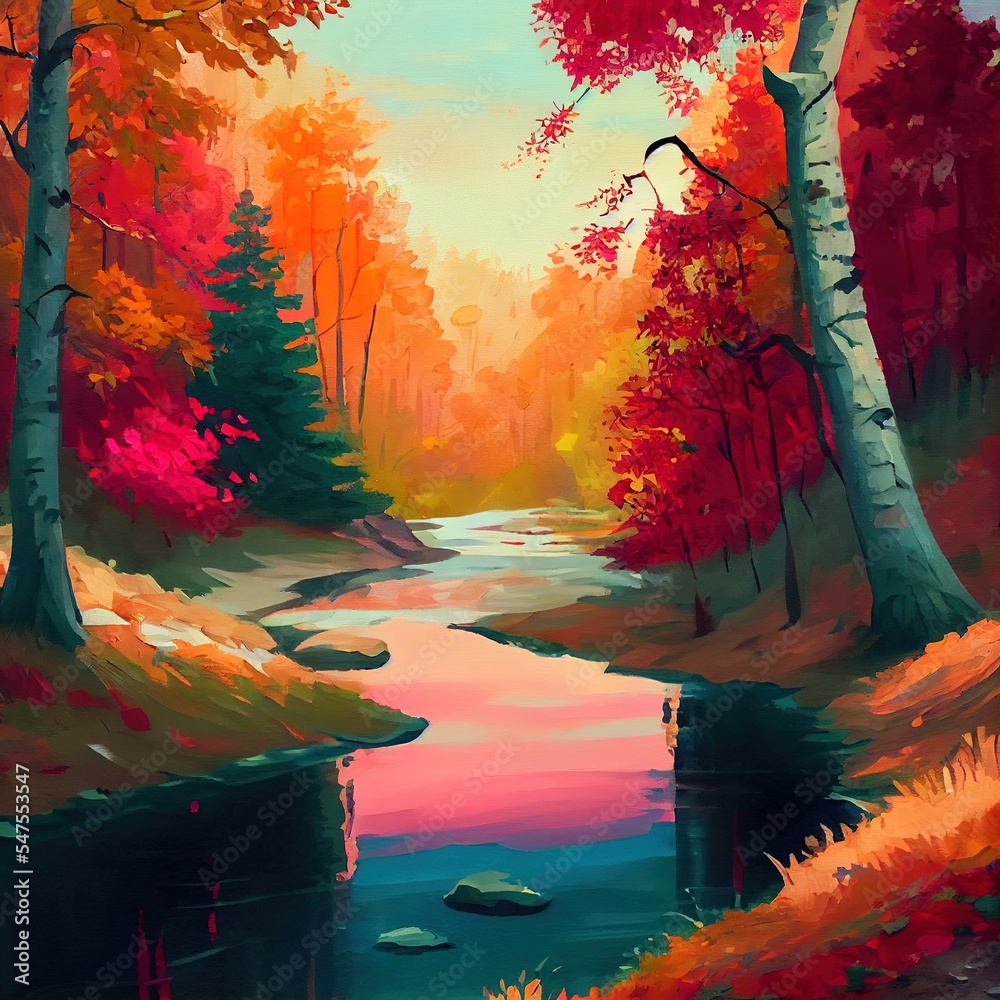 《秋林中的河流，山水画》