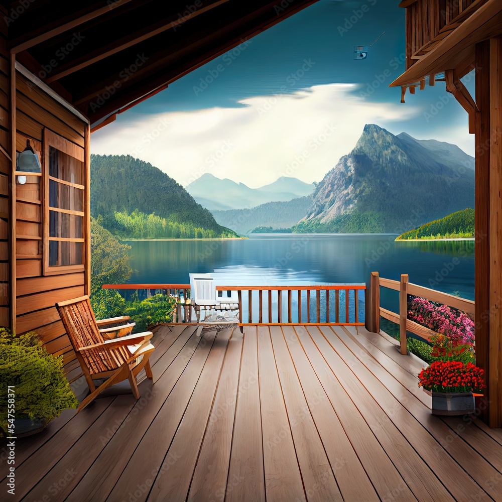 木屋外观，美丽的湖景和山景三维渲染图，有古老的木露台。