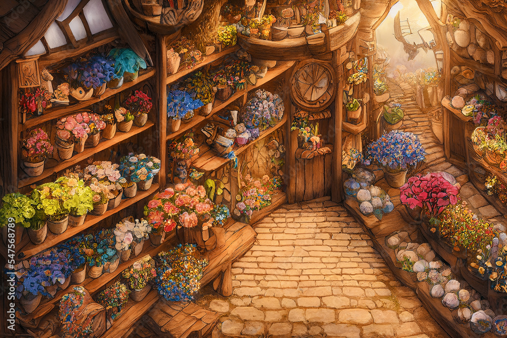 中世纪幻想中的花店内部，有着童话般的花朵智慧般的色彩温暖的光线