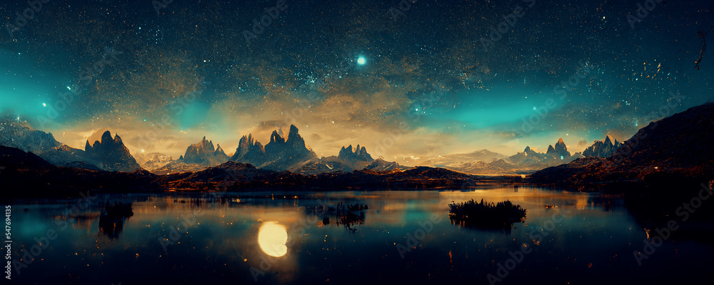 Spectacular nature background of beautiful mountain and lake in starry night with shimmering light, 