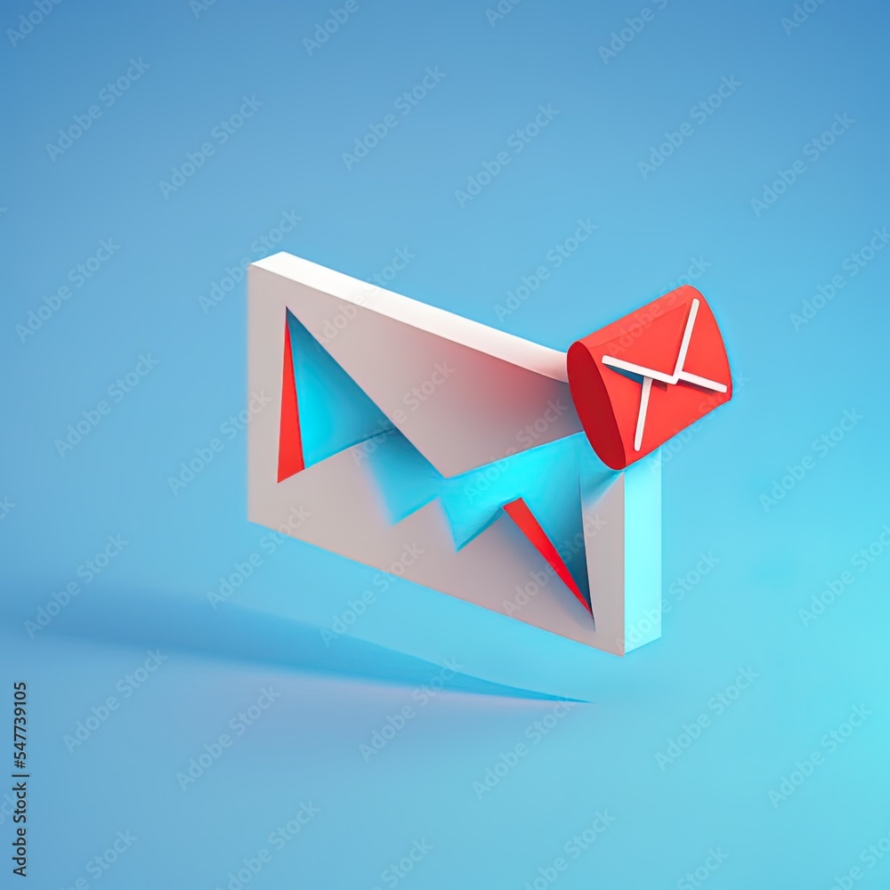 3d邮件通知收件箱概念中的一条新电子邮件，用sha隔离在蓝色背景上