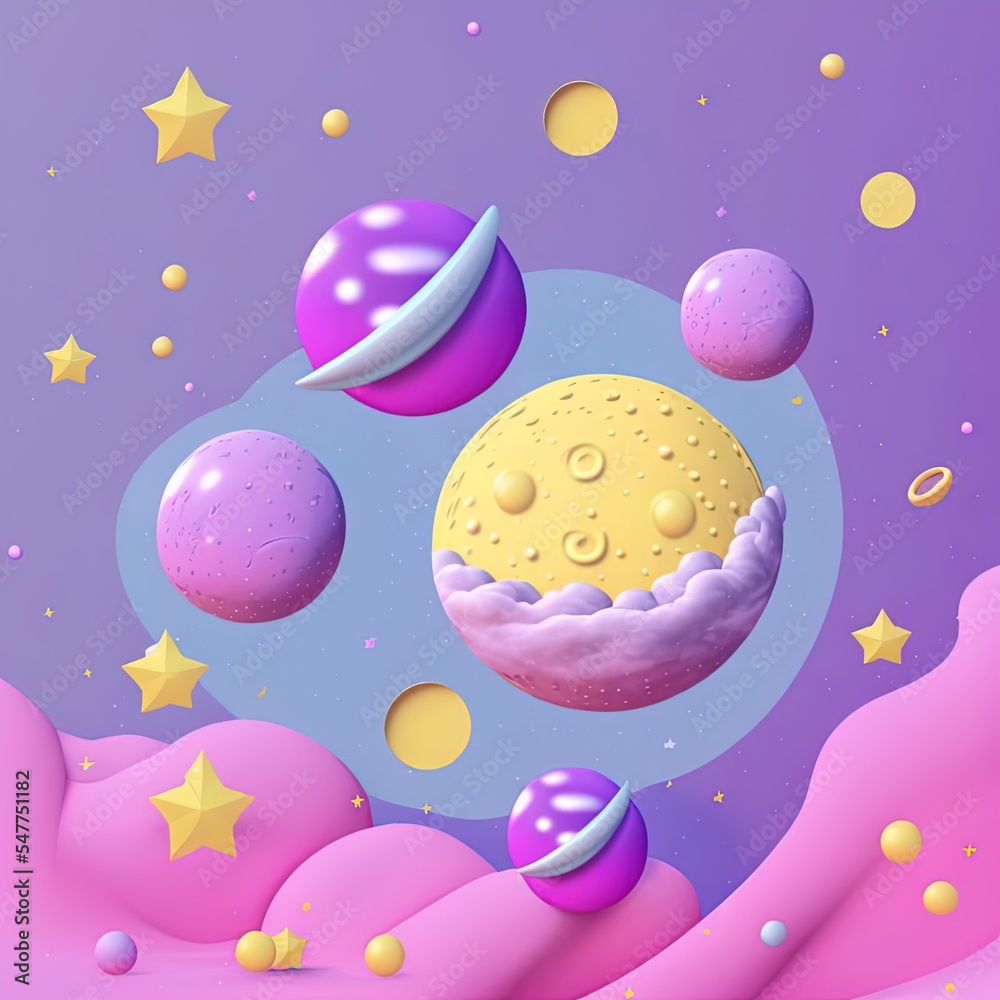 Cartoon yellow moon with craters floats in purple turquoise pink white clouds on lilac starry sky. M