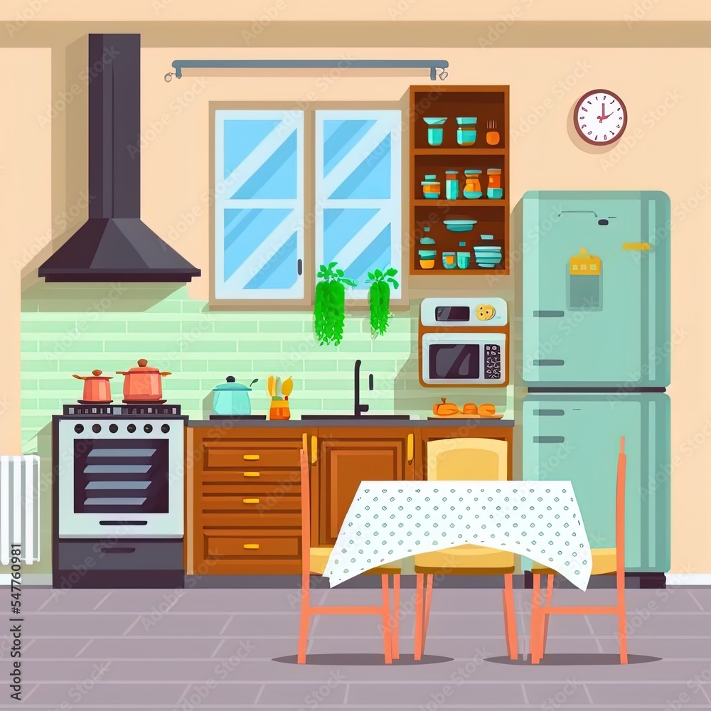 舒适的厨房内部，配有家具和炉灶、橱柜、冰箱和餐具。平面风格2d插图
