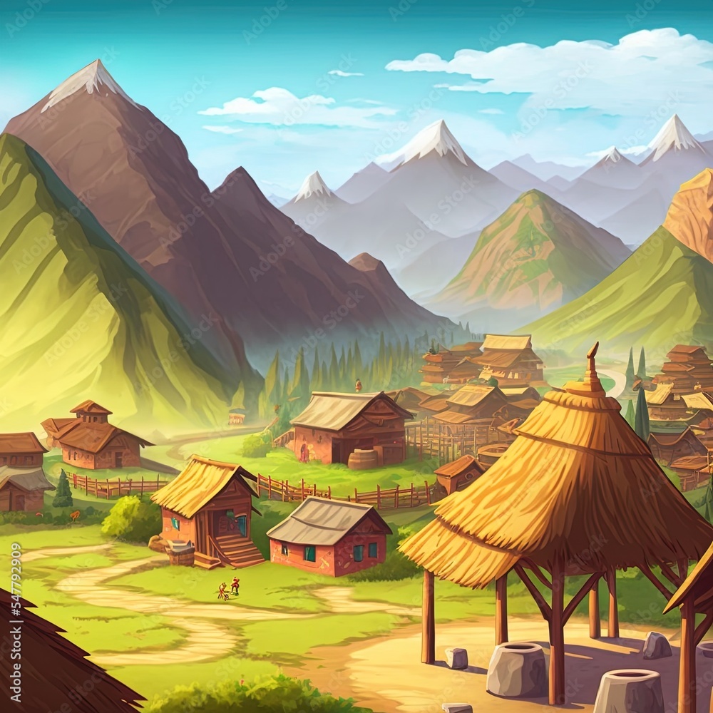 印度村庄背景插图，群山环绕的村庄